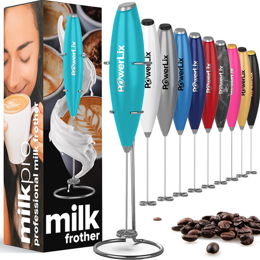 Powerlix milk frother in sky blue with silver text. Other colors and their boxes are displayed.