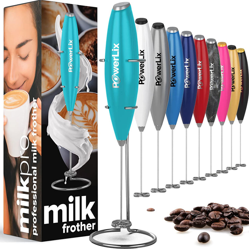 Powerlix milk frother in sky blue with silver text. Other colors and their boxes are displayed.