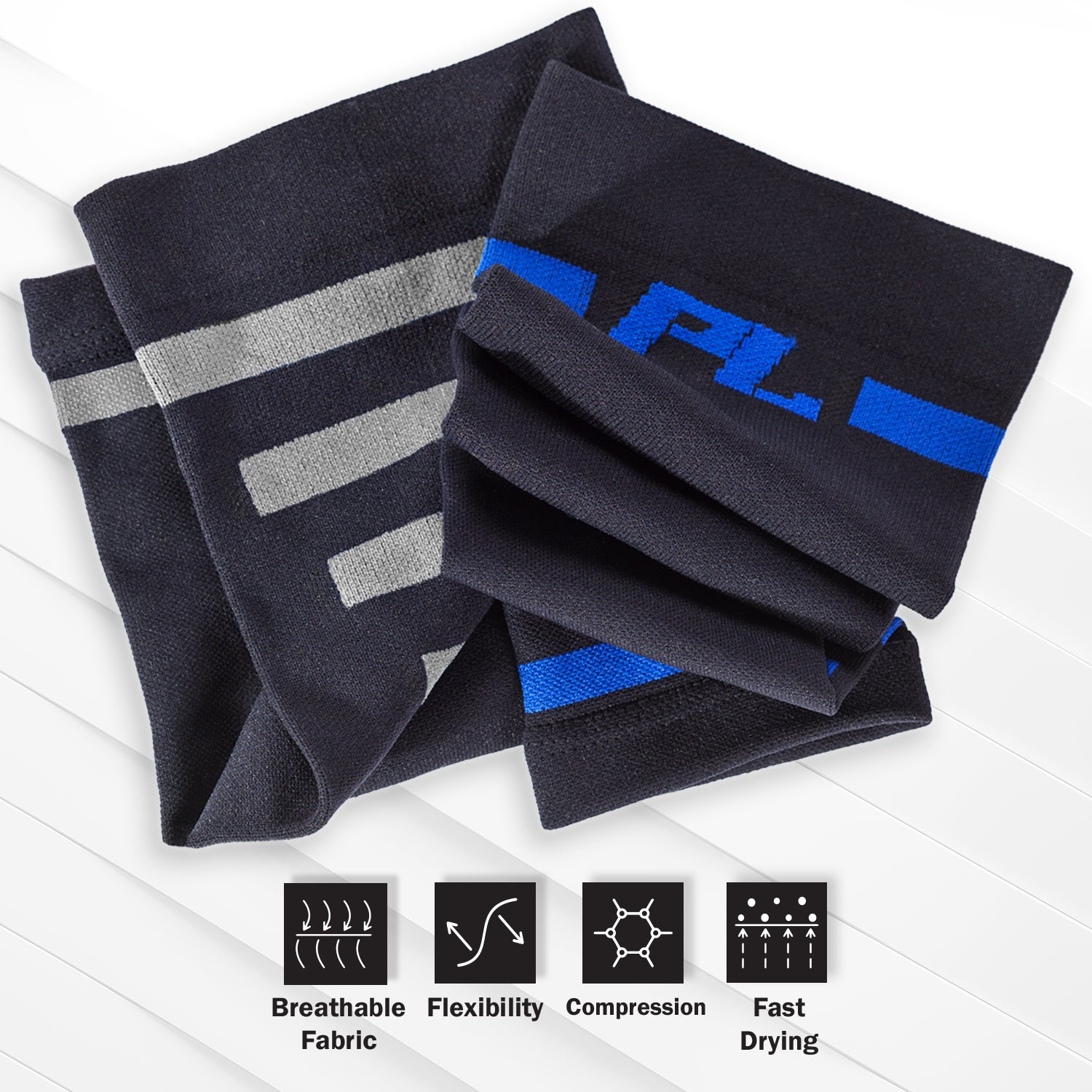 a group of black and blue socks with text: 'FL Breathable Flexibility Compression Fast Fabric Drying'