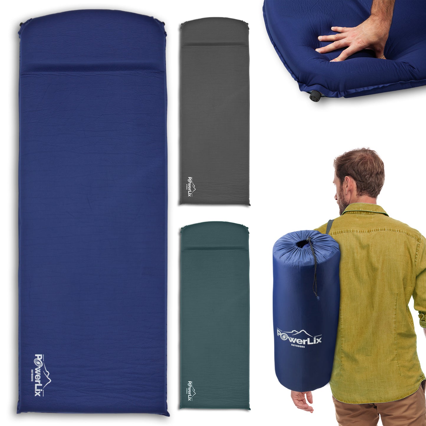Three Powerlis Sleeping Pads with Self-Inflating Foam Pads displayed in blue, gray, and sea green.. A model shwoign one stored in its bad and hung over his shoulder. Another is shown being pressed on by a hand to demonstrate softness.