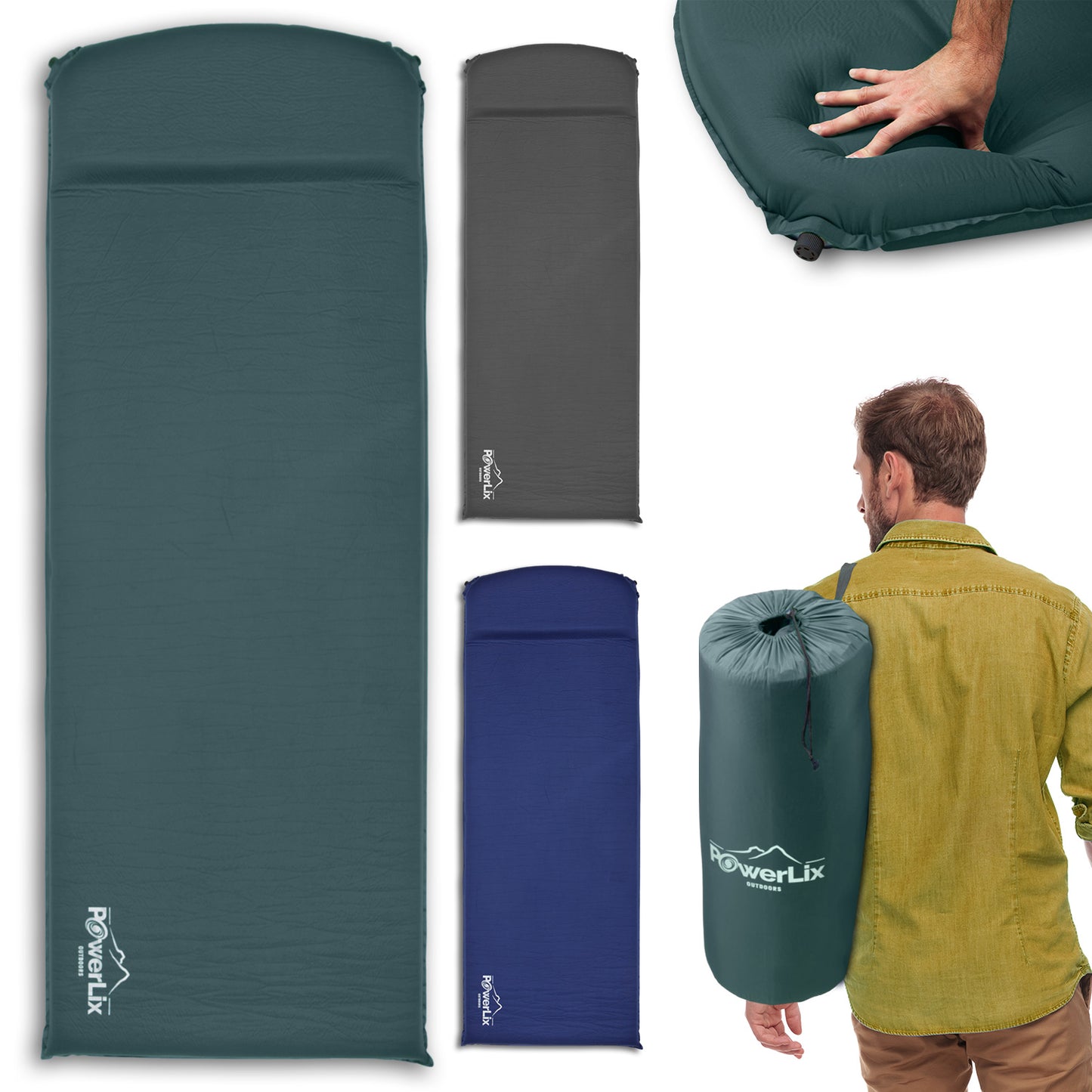 Three Powerlix Sleeping Pads with Self-Inflating Foam Pads displayed in green, gray, and blue. A model shwoign one stored in its bad and hung over his shoulder. Another is shown being pressed on by a hand to demonstrate softness.