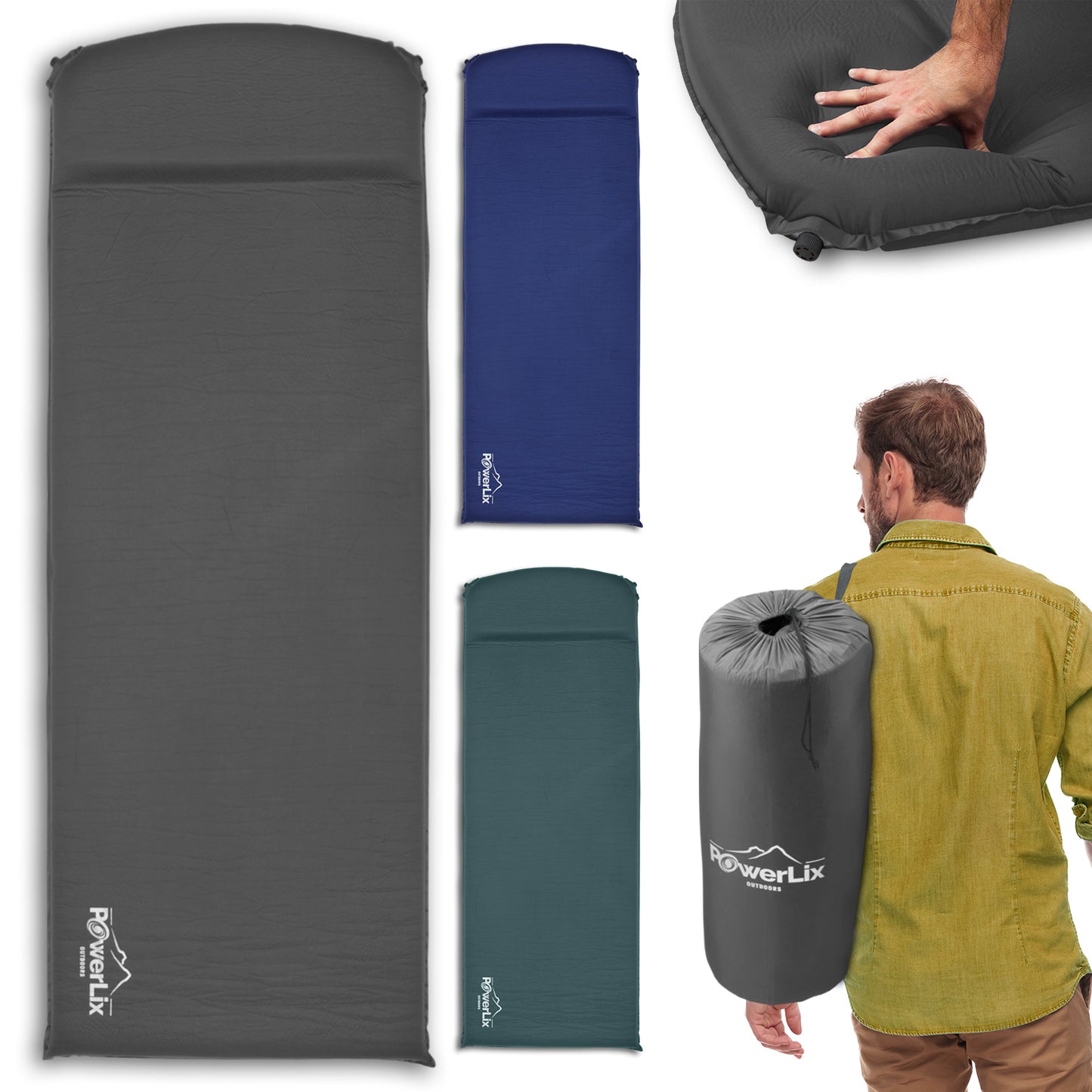 Three Powerlix Sleeping Pads with Self-Inflating Foam Pads displayed in gray, blue, and green. A model shwoign one stored in its bad and hung over his shoulder. Another is shown being pressed on by a hand to demonstrate softness.