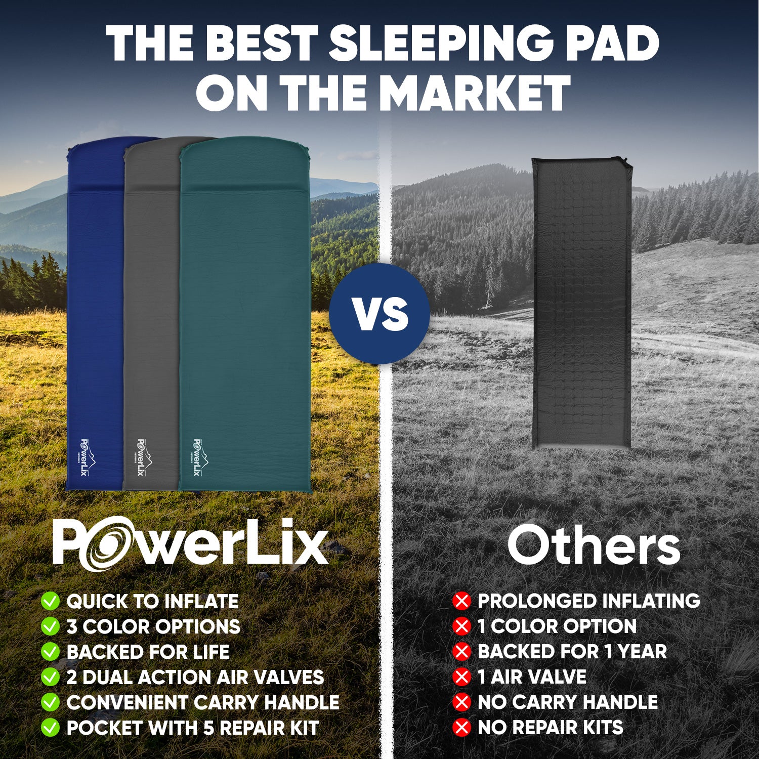 A comparison of three powerlix sleeping pads in the three available colors against an inferior sleeping pad. Text above reads, "The best sleeping pad on the market."