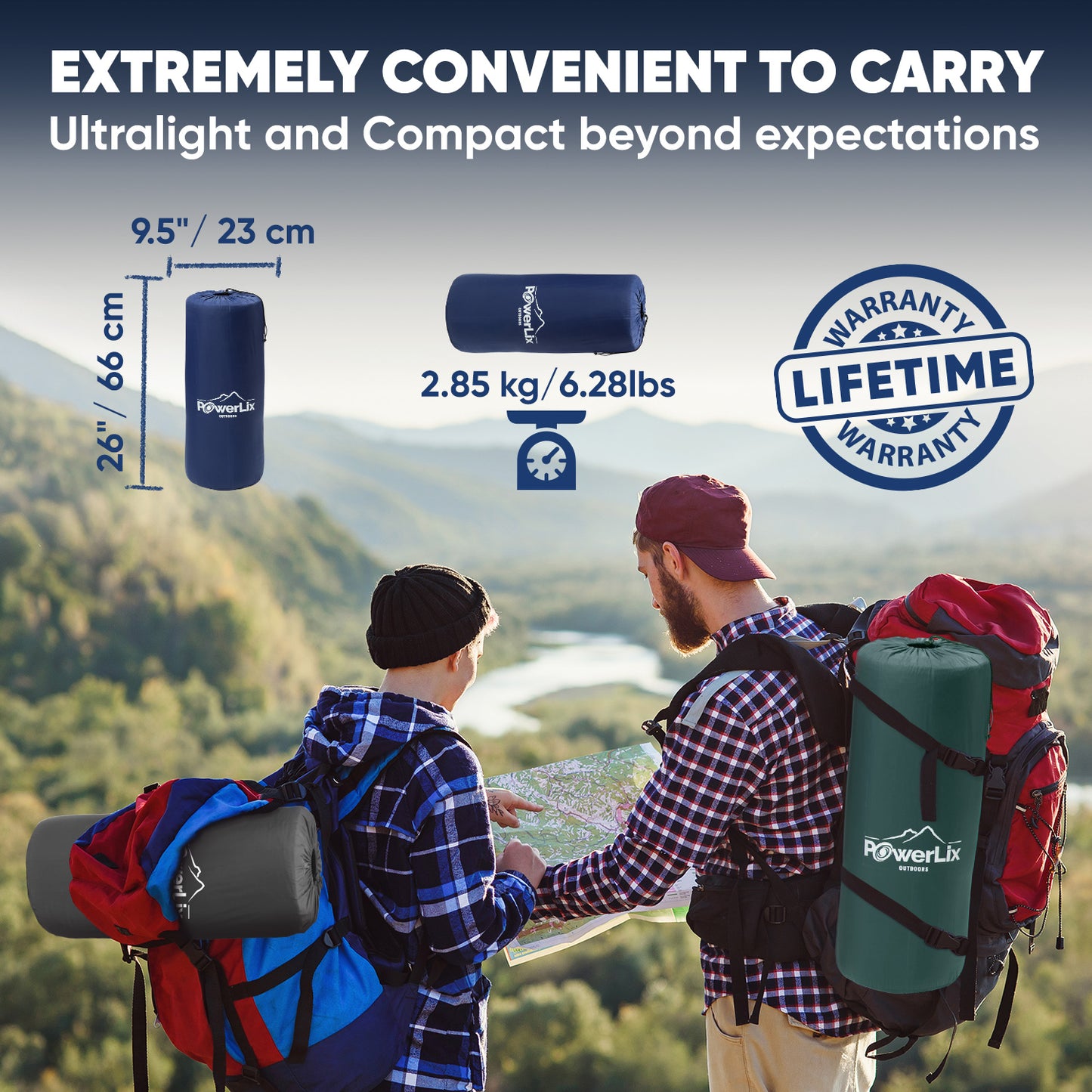 Two models hiking, each with a Powerlix sleeping pad strapped to their packs. The stored sleeping pad is displayed twice. The dimesions are listed as, "26"/66cm by 9.5"/23cm." The weight is listed as, "2.85kg/6.28lbs." The text beside is, "Lifetime warranty." Uper text reads, "Extremely convenient to carry. Ultralight and compact beyond expectations."