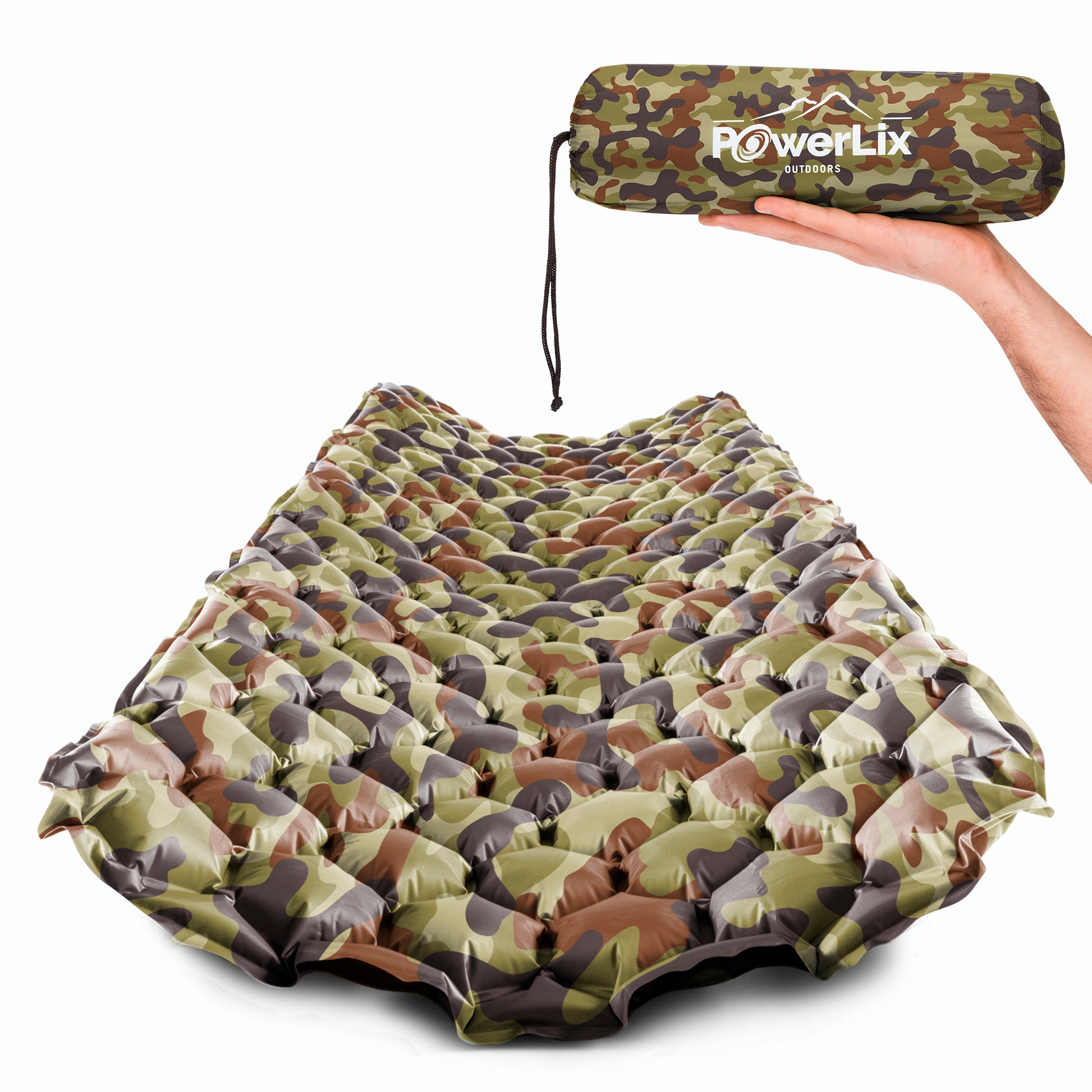 Green camouflage inflated sleeping pad, also show stored in the Powerlix Outdoors bag, held by a hand.