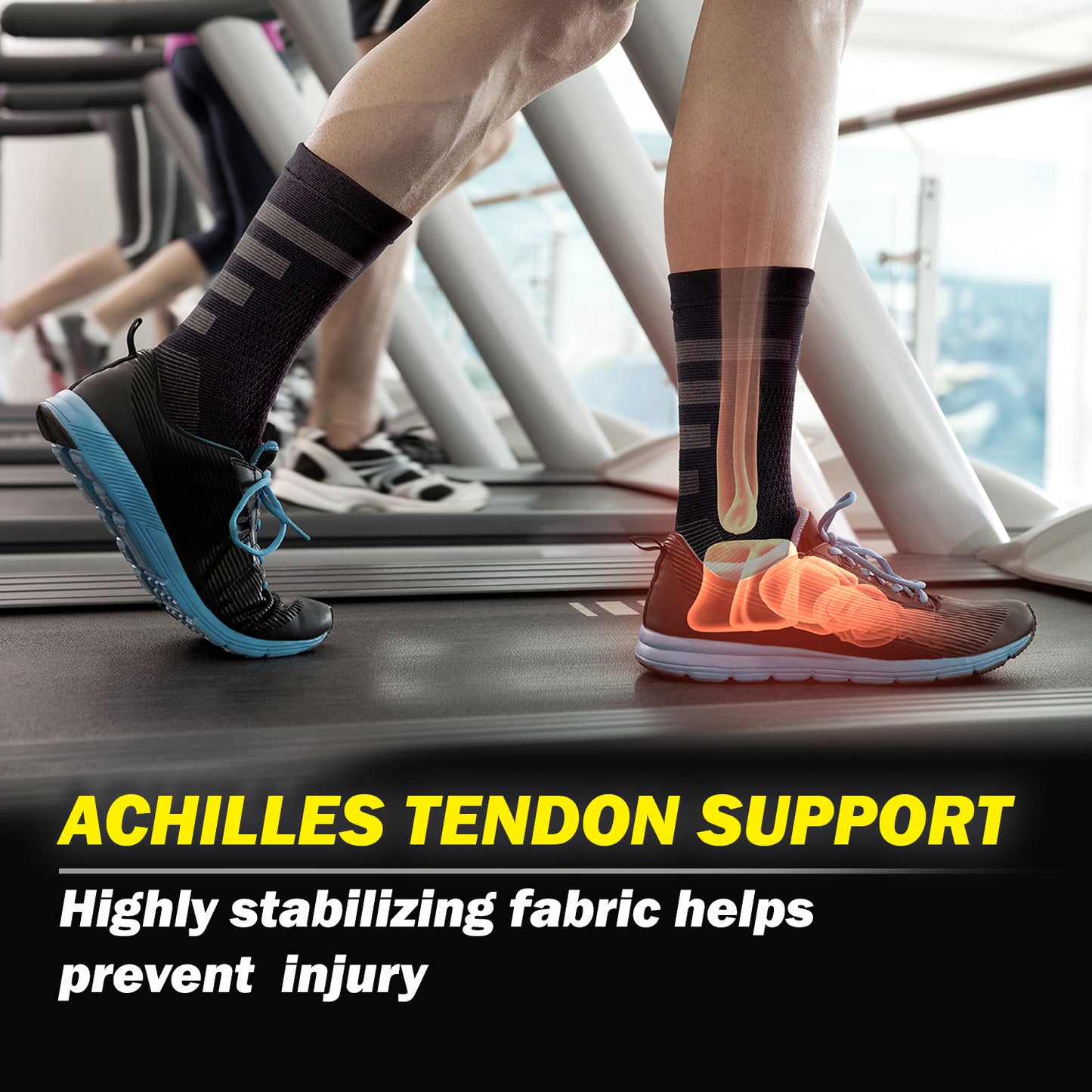 a close up of a person's feet on a treadmill with text: 'ACHILLES TENDON SUPPORT Highly stabilizing fabric helps prevent injury'