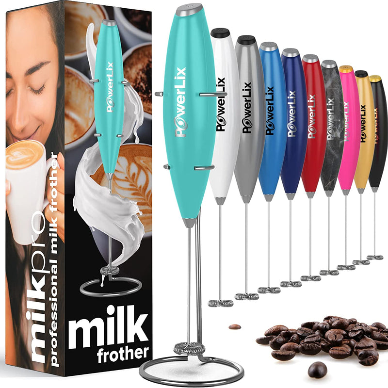Powerlix milk frother in Caribbean aqua with silver text. Other colors and their boxes are displayed.