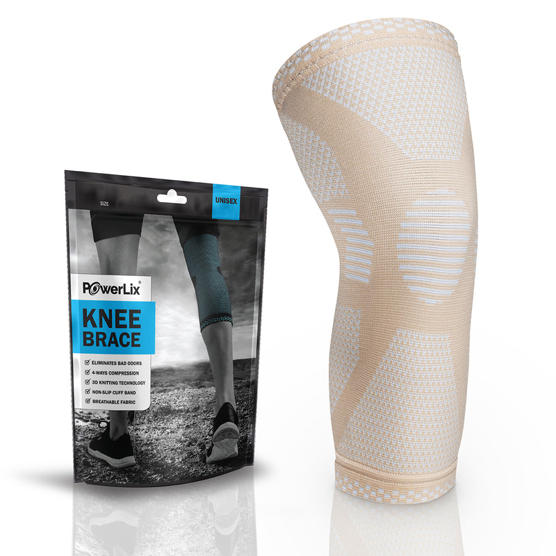 a knee brace and a package with text: 'UNISEX SIZE PowerLix KNEE BRACE ELIMINATES BAD ODORS COMPRESSION 3D KNITTING TECHNOLOGY CUFF BAND BREATHABLE FABRIC'