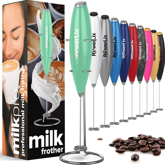 Powerlix milk frother in grass green with silver text. Other colors and their boxes are displayed.