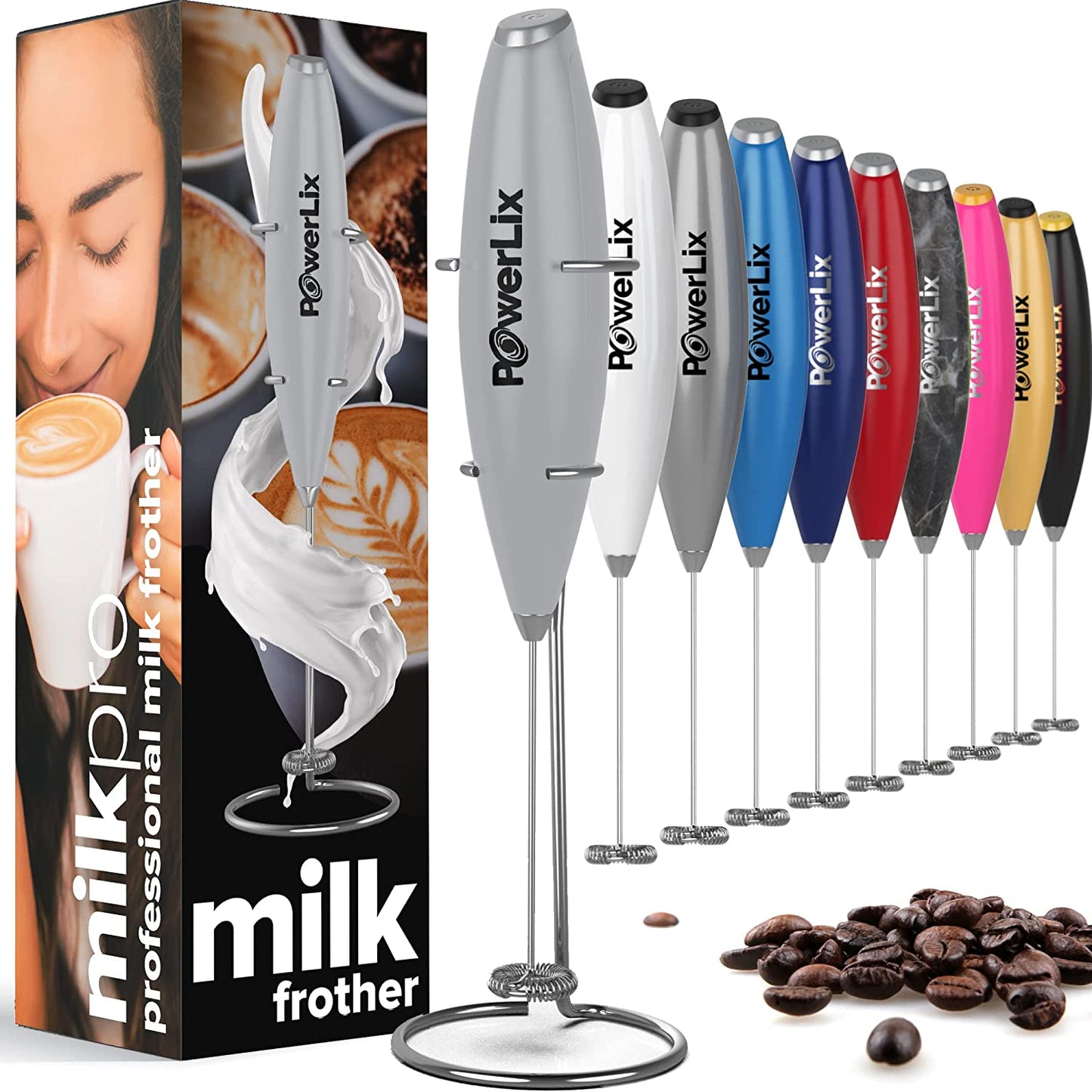 Powerlix milk frother in gray with black text. Other colors and their boxes are displayed.