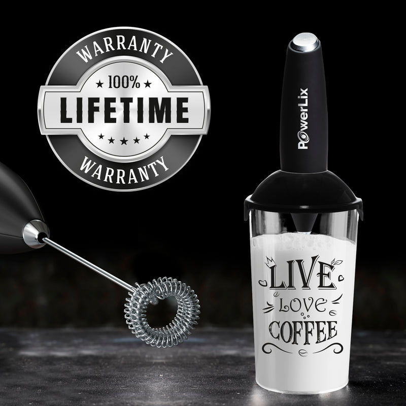 a blender with a handle and a white liquid in a glass with text: 'WARRANTY * 100% * LIFETIME ***** POwerLix WARRANTY LIVE 1 COFFEE'