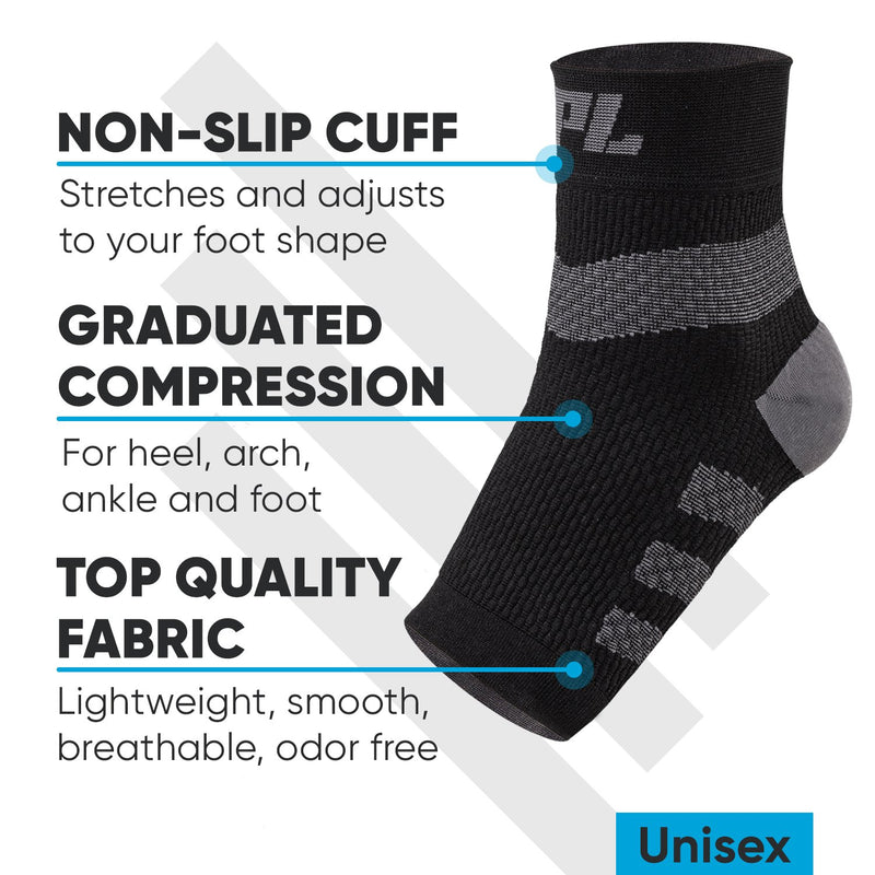 Powerlix plantar fasciitis support sock in black pictured. Text to the left points to the sock and reads, "Non-slip cuff: Stretches and adjusts to your foot shape. Graduated compression: For heel, arch, ankle, and foot. Top quality fabric: Lightweight, smooth, berathable, odor free." Lower text reads, "Unisex."