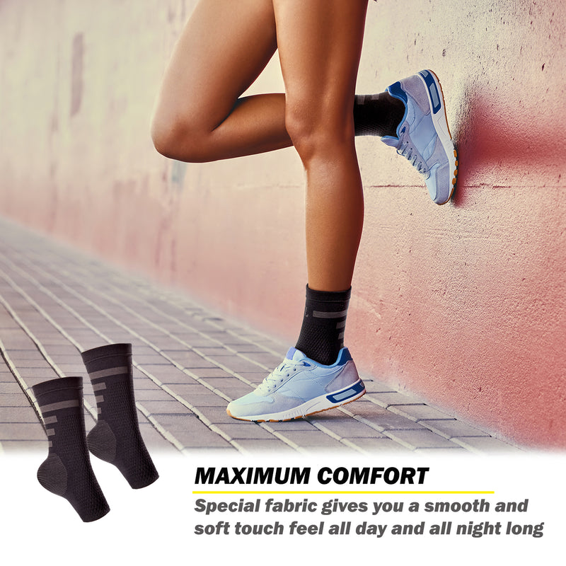 a person's legs and feet in socks with text: 'MAXIMUM COMFORT Special fabric gives you a smooth and soft touch feel all day and all night long'