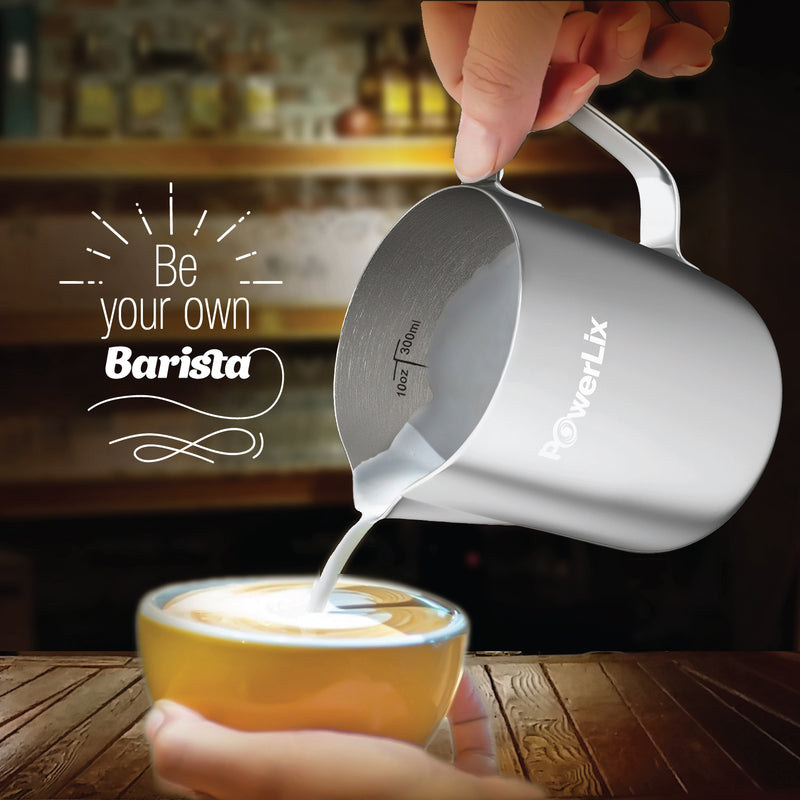 Powerlix milk pitcher pouring foamed milk into a cappucino.  Text reads "Be your own barista."