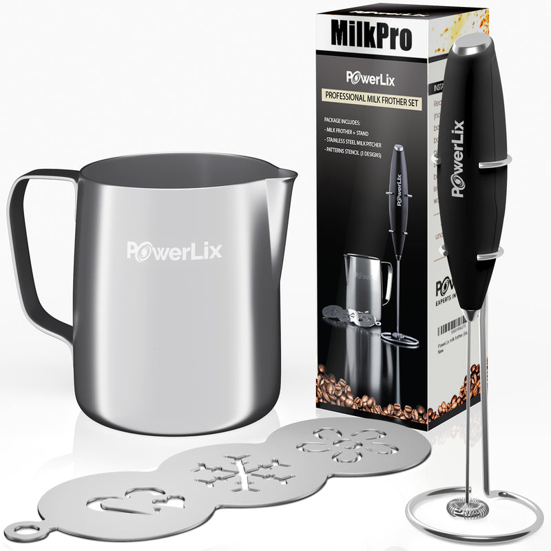 Powerlix Professional milk frother set featured. Milk frother is on a stand, there is a stencil with three designs for drinks, a stailess steel milk pitcher, and the box behind it.