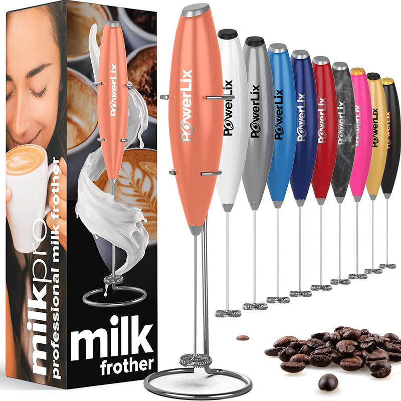 Powerlix milk frother in peach with silver text. Other colors and their boxes are displayed.