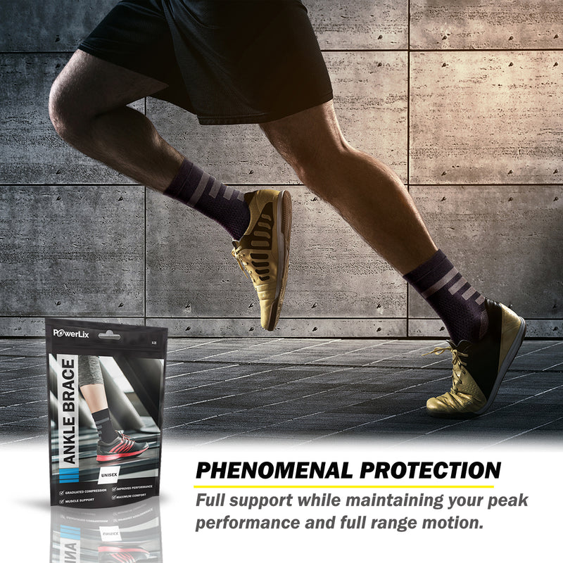 a person jumping in the air with text: 'PowerLix PHENOMENAL PROTECTION ANKLE BRACE UNISE GRADUATED COMPRESSION IMPROVES PERFORMANCE COMFORT Full support while maintaining your peak MUSCLE SUPPORT performance and full range motion.'