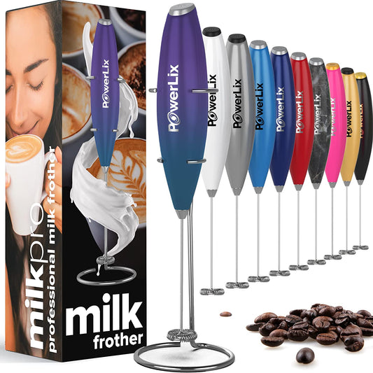 Powerlix milk frother in purple turquoise with silver text. Other colors and their boxes are displayed.